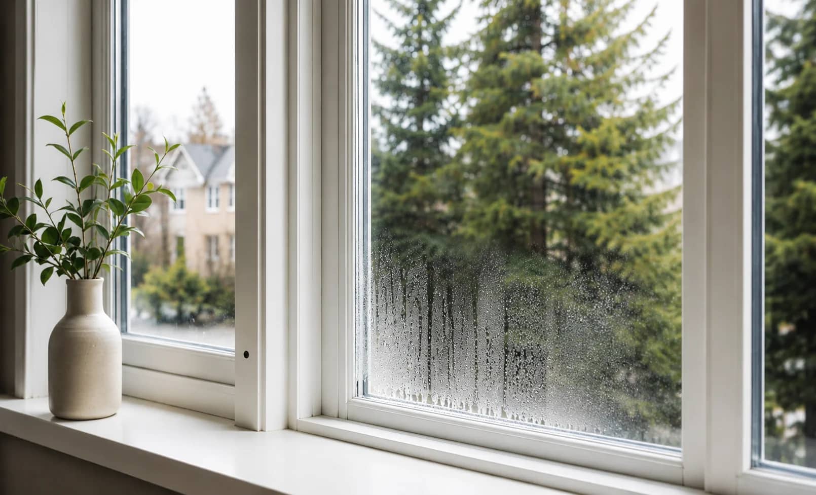Foggy residential thermos window with condensation between the panes
